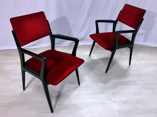 Mid-Century Italian Scarlet Red Velvet Armchairs, 1950s, Set of 2-MTX-1118653