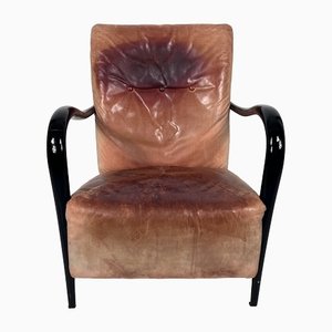 Mid-Century Italian Sculptural Leather and Curved Wood Armchair, 1950s-OT-1444728