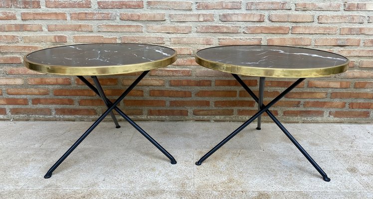 Mid-Century Italian Side Tables in Brass and Iron with Marble Tops, 1960s, Set of 2-NOU-1823025