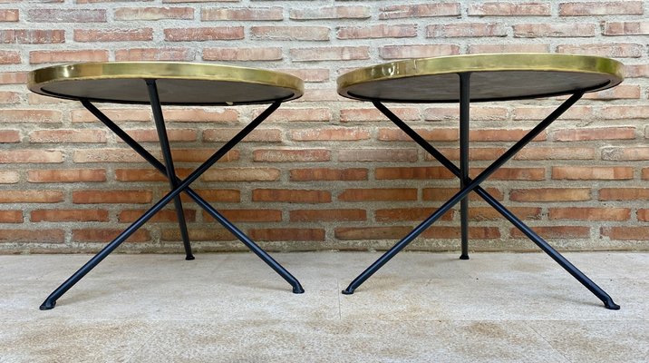 Mid-Century Italian Side Tables in Brass and Iron with Marble Tops, 1960s, Set of 2-NOU-1823025