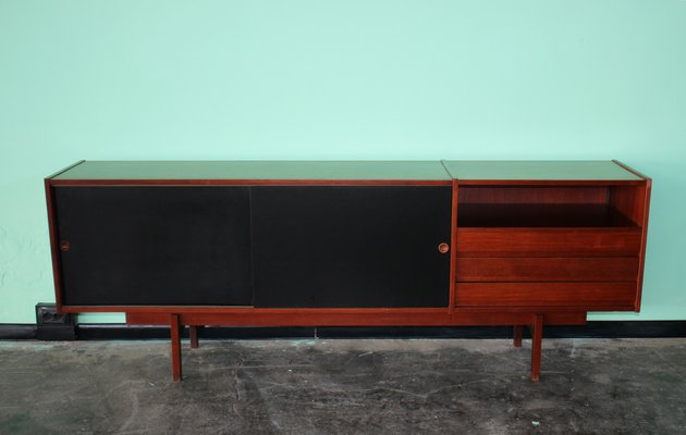 Mid-Century Italian Sideboard or Chest of Drawers with Sliding Black Laminated Doors from Saporiti Italia-HZ-1078401