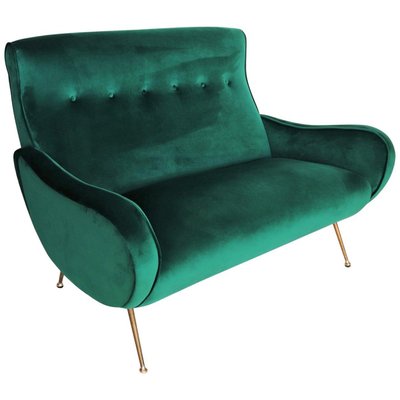 Mid-Century Italian Sofa or Settee in Green Velvet with Brass Tips, 1950s-VNE-965968