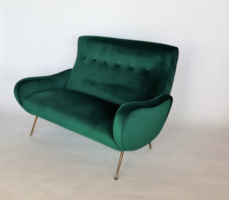 Mid-Century Italian Sofa or Settee in Green Velvet with Brass Tips, 1950s-VNE-965968