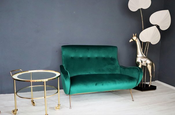 Mid-Century Italian Sofa or Settee in Green Velvet with Brass Tips, 1950s-VNE-965968