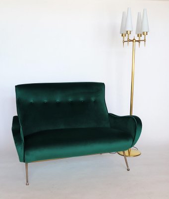 Mid-Century Italian Sofa or Settee in Green Velvet with Brass Tips, 1950s-VNE-965968