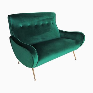 Mid-Century Italian Sofa or Settee in Green Velvet with Brass Tips, 1950s-VNE-965968