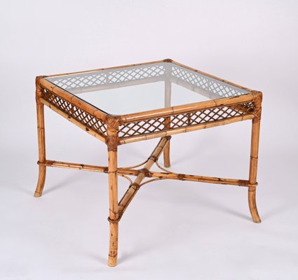 Mid-Century Italian Square Bamboo Dining Table with Glass Top from Vivai Del Sud, 1960s-JDR-1408641