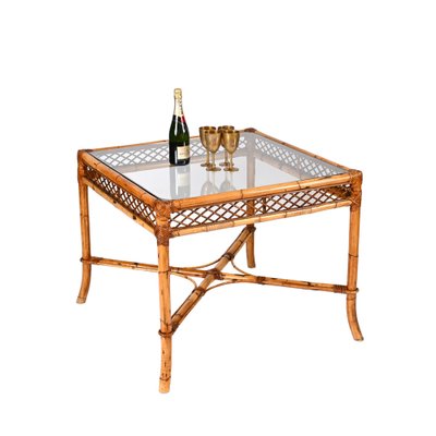 Mid-Century Italian Square Bamboo Dining Table with Glass Top from Vivai Del Sud, 1960s-JDR-1408641