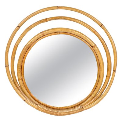 Mid-Century Italian Three Level Round Bamboo & Rattan Wall Mirror, 1960s-LYQ-1272835