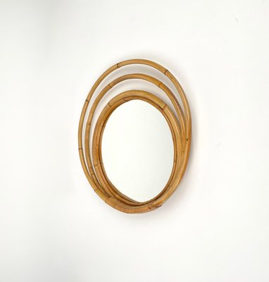 Mid-Century Italian Three Level Round Bamboo & Rattan Wall Mirror, 1960s-LYQ-1272835