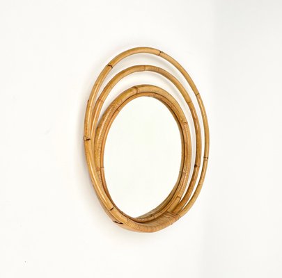 Mid-Century Italian Three Level Round Bamboo & Rattan Wall Mirror, 1960s-LYQ-1272835