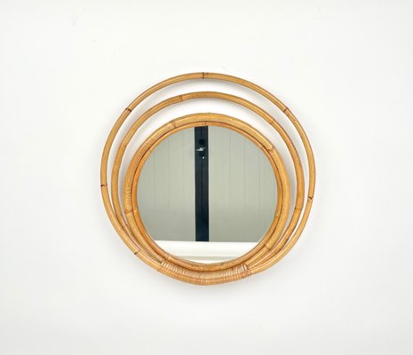 Mid-Century Italian Three Level Round Bamboo & Rattan Wall Mirror, 1960s-LYQ-1272835