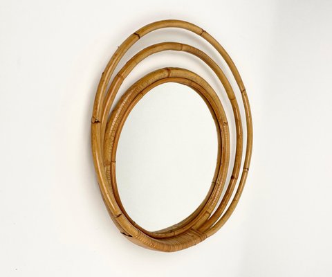 Mid-Century Italian Three Level Round Bamboo & Rattan Wall Mirror, 1960s-LYQ-1272835