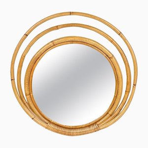 Mid-Century Italian Three Level Round Bamboo & Rattan Wall Mirror, 1960s-LYQ-1272835