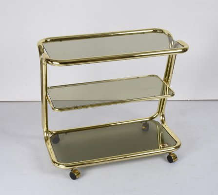 Mid-Century Italian Three-Tier Brass and Smoked Glass Bar Cart from Morex, 1970s-JDR-1210074