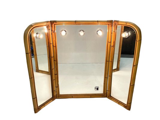 Mid-Century Italian Triple Folding Bamboo Mirror with Dimmable Lighting, 1970s-JDR-1377998