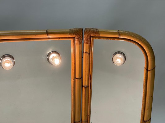 Mid-Century Italian Triple Folding Bamboo Mirror with Dimmable Lighting, 1970s-JDR-1377998