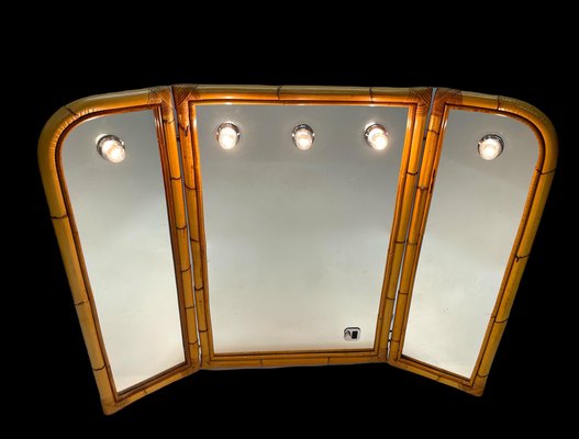 Mid-Century Italian Triple Folding Bamboo Mirror with Dimmable Lighting, 1970s-JDR-1377998