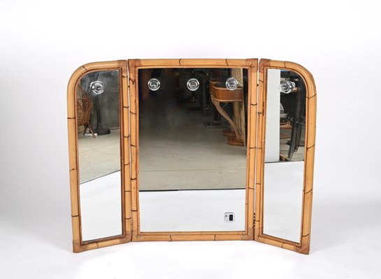 Mid-Century Italian Triple Folding Bamboo Mirror with Dimmable Lighting, 1970s-JDR-1377998