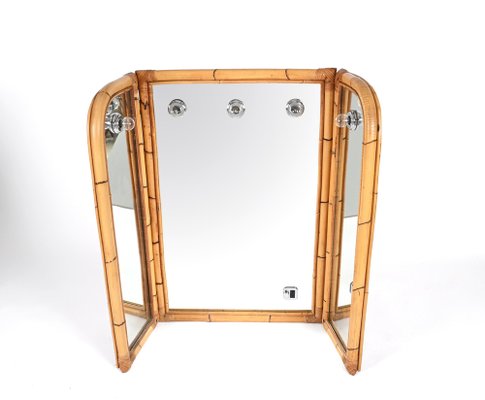 Mid-Century Italian Triple Folding Bamboo Mirror with Dimmable Lighting, 1970s-JDR-1377998