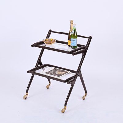 Mid-Century Italian Trolley Bar Cart in Wood and Glass attributed to Cesare Lacca, 1950s-JDR-1757600