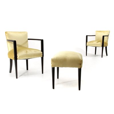 Mid-Century Italian Velvet Armchairs and Footstool, 1940s, Set of 3-EZ-579347