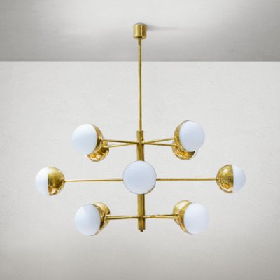 Mid-Century Italian Vidrio Opaline and Brass Chandelier-WLO-2035378