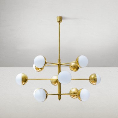 Mid-Century Italian Vidrio Opaline and Brass Chandelier-WLO-2035378