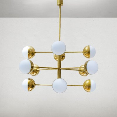 Mid-Century Italian Vidrio Opaline and Brass Chandelier-WLO-2035378