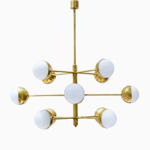 Mid-Century Italian Vidrio Opaline and Brass Chandelier-WLO-2035378