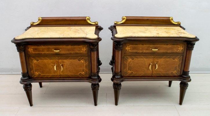 Mid-Century Italian Walnut and Marble Nightstands, 1940s, Set of 2-FER-709375