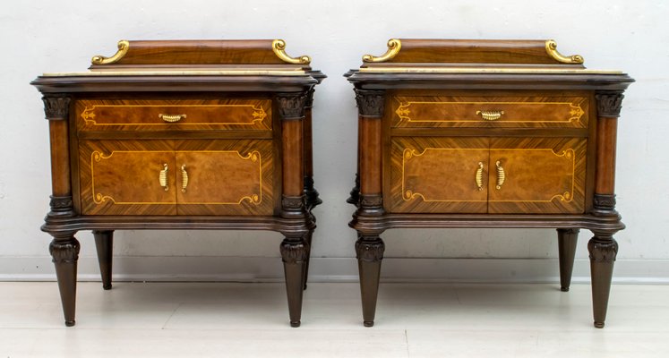 Mid-Century Italian Walnut and Marble Nightstands, 1940s, Set of 2-FER-709375