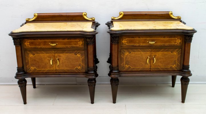 Mid-Century Italian Walnut and Marble Nightstands, 1940s, Set of 2-FER-709375