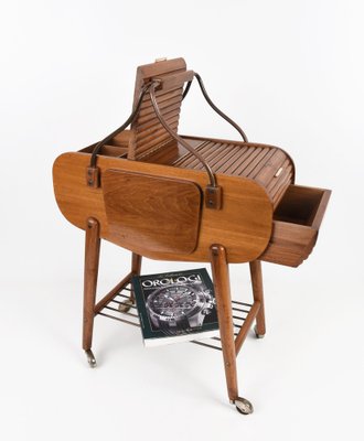 Mid-Century Italian Walnut & Brass Work Table with Wheels, 1940s-JDR-1126005