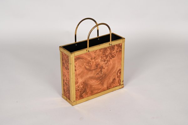 Mid-Century Italian Walnut Briar Effect Magazine Rack with Brass Handles, 1970s-JDR-1284773