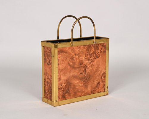 Mid-Century Italian Walnut Briar Effect Magazine Rack with Brass Handles, 1970s-JDR-1284773