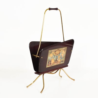 Mid-Century Italian Wood and Brass Magazine Rack with Handle by Gio Ponti, 1950s-JDR-1126116