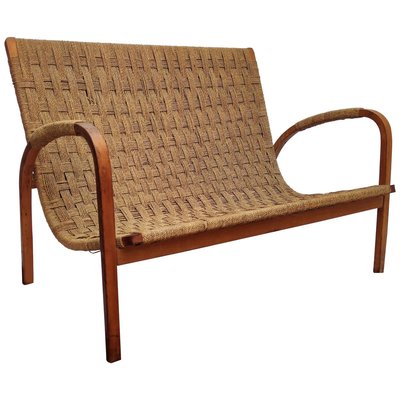 Mid-Century Italian Wood and Cord Woven Rope Bench, 1960s-EUP-884388