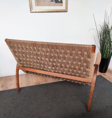 Mid-Century Italian Wood and Cord Woven Rope Bench, 1960s-EUP-884388