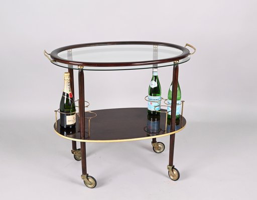 Mid-Century Italian Wood Bar Cart with Glass Serving Tray by Cesare Lacca, 1950s-JDR-1317491