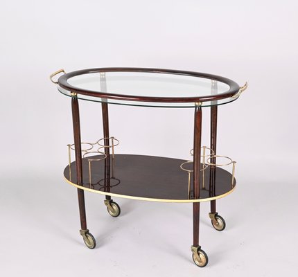 Mid-Century Italian Wood Bar Cart with Glass Serving Tray by Cesare Lacca, 1950s-JDR-1317491