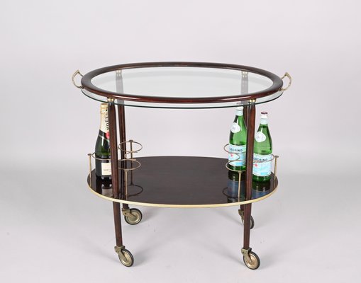 Mid-Century Italian Wood Bar Cart with Glass Serving Tray by Cesare Lacca, 1950s-JDR-1317491