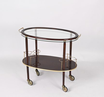 Mid-Century Italian Wood Bar Cart with Glass Serving Tray by Cesare Lacca, 1950s-JDR-1317491