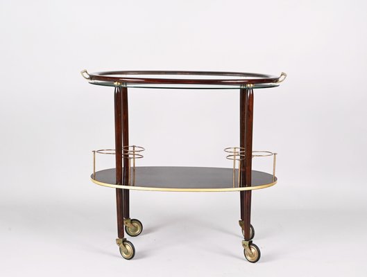 Mid-Century Italian Wood Bar Cart with Glass Serving Tray by Cesare Lacca, 1950s-JDR-1317491