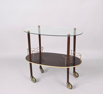 Mid-Century Italian Wood Bar Cart with Glass Serving Tray by Cesare Lacca, 1950s-JDR-1317491