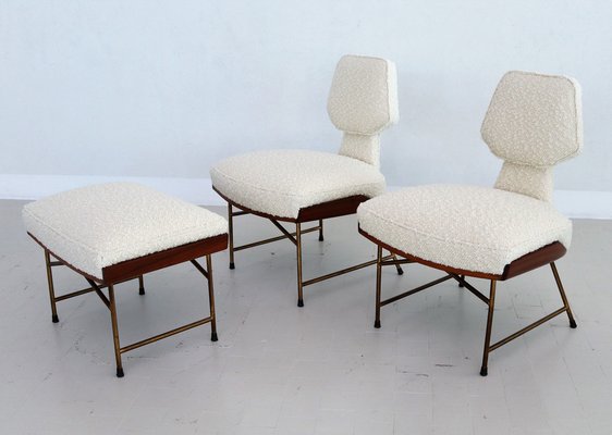 Mid-Century Italian Wood & Bouclé Slipper Chairs & Footstool, 1950, Set of 3-VNE-1187997