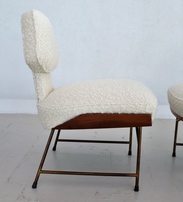 Mid-Century Italian Wood & Bouclé Slipper Chairs & Footstool, 1950, Set of 3-VNE-1187997