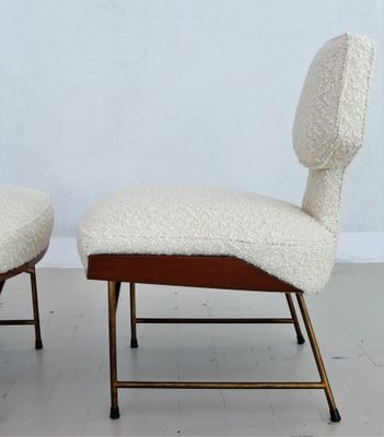 Mid-Century Italian Wood & Bouclé Slipper Chairs & Footstool, 1950, Set of 3-VNE-1187997