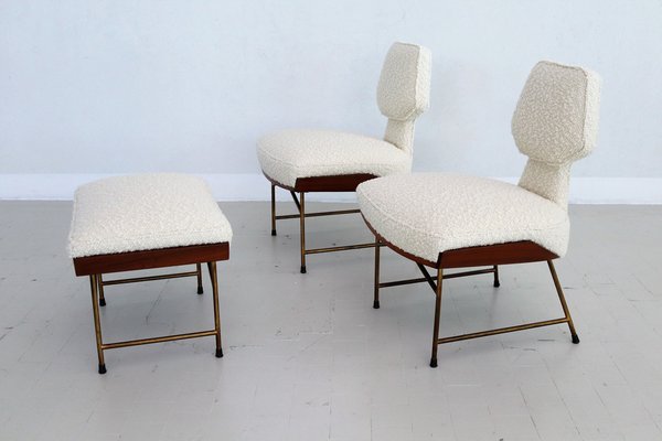 Mid-Century Italian Wood & Bouclé Slipper Chairs & Footstool, 1950, Set of 3-VNE-1187997