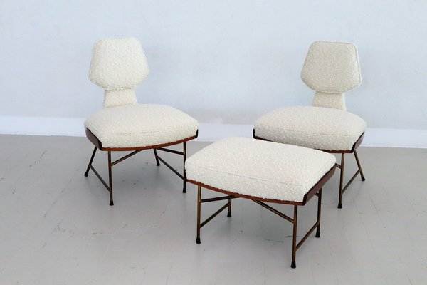 Mid-Century Italian Wood & Bouclé Slipper Chairs & Footstool, 1950, Set of 3-VNE-1187997